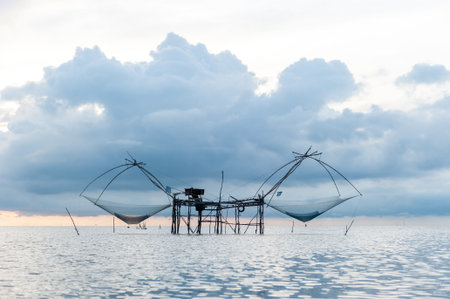 Yor building is traditional local fisherman used net fishing in Pakpra Thale Noi, one of the country's largest wetlands covering Phatthalung, Nakhon Si Thammarat and Songkhla ,South of THAILAND.の写真素材