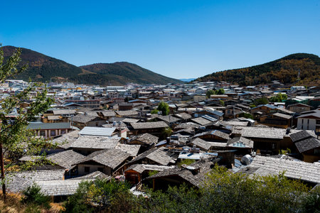 top view of vintage traditional chinese roof in shangri laの写真素材