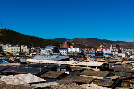 top view of vintage traditional chinese roof in shangri laの写真素材