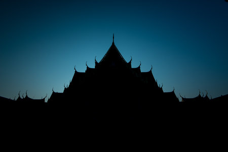 Silhouette of Wat Benchamabophit or Marble temple is one of Bangkok's significant and most beautiful temples, Dusit Bangkok THAILANDの写真素材