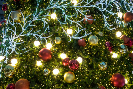 close up christmas tree lightsの写真素材