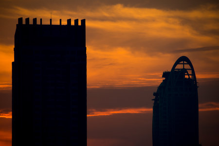 Silhouette of Bangkok city view with beautiful sunrise backgroundの写真素材
