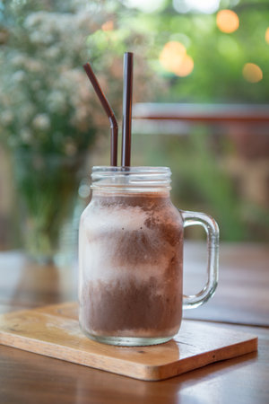 Iced blended Chocolate on wooden table