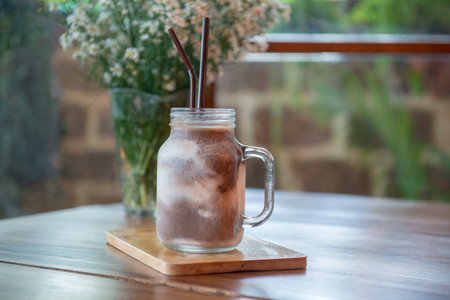 Iced blended Chocolate on wooden table