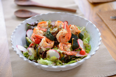 Grilled fresh shrimp with saladの写真素材