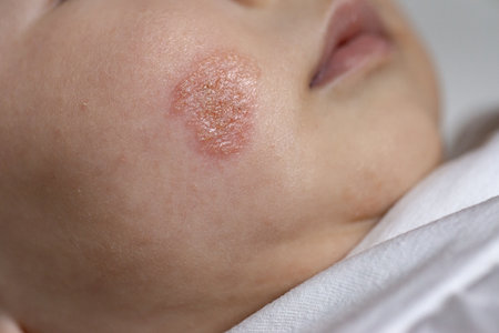 The baby has developed a red rash on their face. The rash is characterized by patches of red, inflamed skin that may appear raised or bumpy. It is localized specifically on the baby's facial area, covering areas such as the cheeks, forehead, or chin. The rash may be accompanied by itching or discomfort, causing the baby to exhibit signs of irritation. It is important to monitor the rash closely and seek appropriate medical advice to determine the cause and implement suitable treatment measures for the baby's comfort and well-being.の写真素材