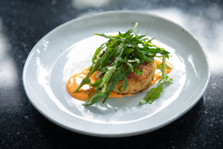 Indulge in a flavorful dinner with this crab cake recipe. Succulent crab cakes are paired perfectly with a fresh and peppery rocket salad, creating a delightful combination of tastes and textures.の写真素材