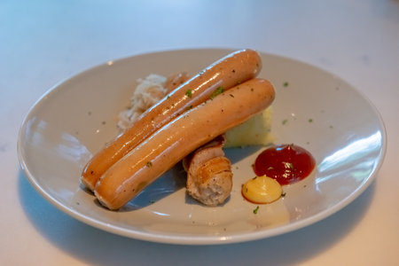Sausage Grill: Juicy and flavorful sausages sizzling on the grill, a delicious treat for meat loversの写真素材