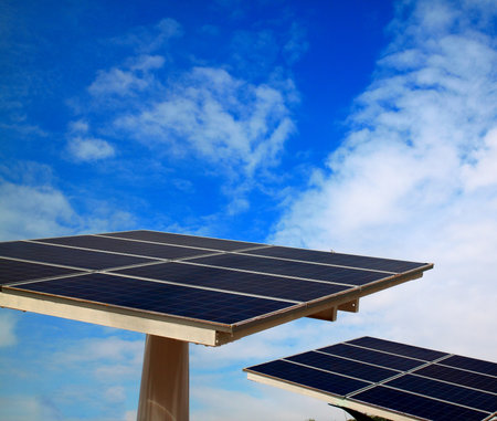 solar cells with blue skyの写真素材