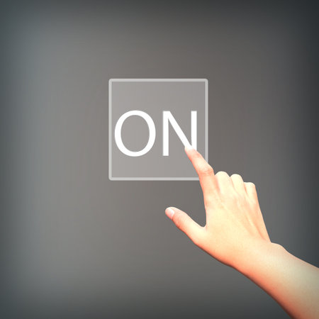 hand of business  pushing a download button a touch screen interface 