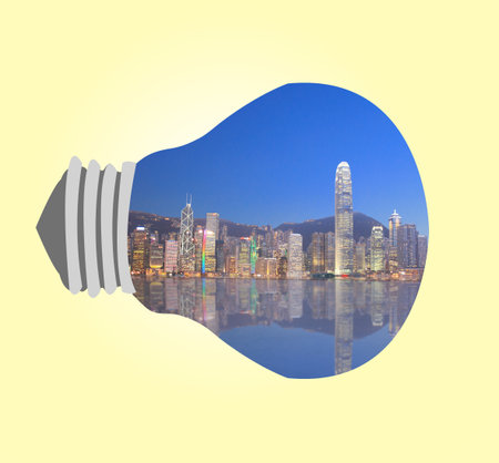 Hong Kong skyline at night  in lamp