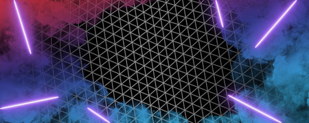 Stylish background template design with copy space for text or logo. Colorful neon lights and smoke...
