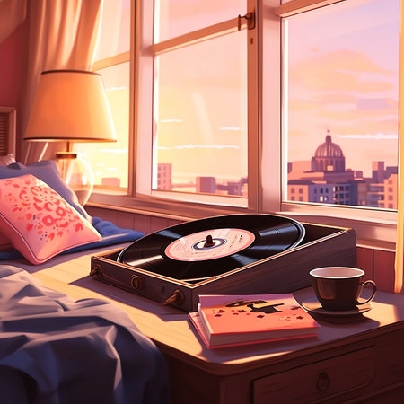 lofi bedroom and record player with window view of city.の素材