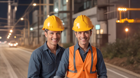 Portrait of two construction workers standing in front of a building.Generative AIの素材