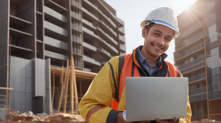 Portrait of male engineer using laptop while standing at construction site.Generative AIの素材