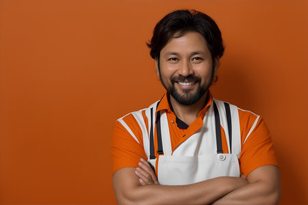 Portrait of a smiling asian man with arms crossed on orange background.Generative AIの素材