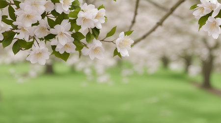 Blossoming branch of an apple tree with white flowers on a green background.Generative AIの素材