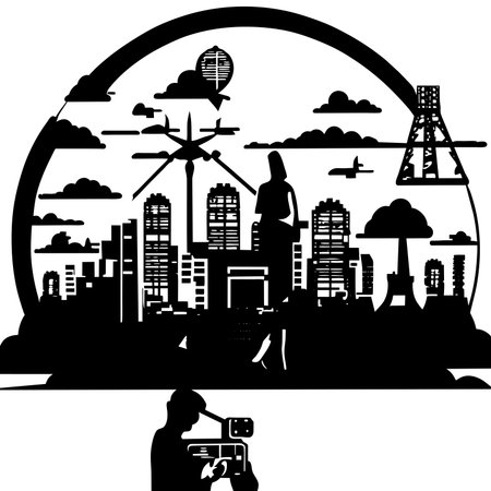 Silhouette of a man with a megaphone in front of the city.Generative AIの素材