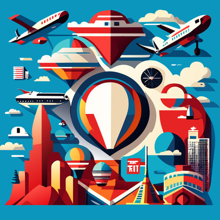 Travel and tourism concept background with flat icons of airplane, ship, plane, city, bridge and other elements. Vector illustration.Generative AIの素材