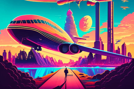 Airplane flying over the city at sunset, 3d illustration.