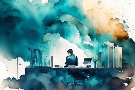 Illustration of a man working on a laptop in the office.Generative AIの素材