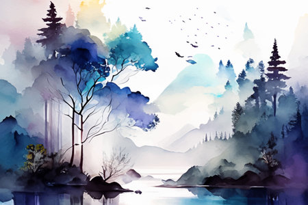 Watercolor landscape with mountains, trees and lake. Digital painting.Generative AIの素材