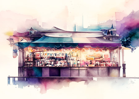 Digital watercolor painting of a street food stall in Hong Kong.Generative AIの素材