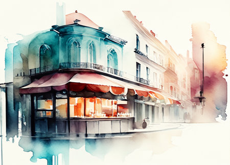 Digital watercolor painting of a cafe in the old town of Prague, Czech Republic.Generative AIの素材