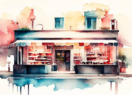 Watercolor sketch of a cafe on the street. High quality illustration.Generative AIの素材