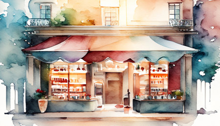 Watercolor sketch of a cafe in the center of the city.Generative AIの素材