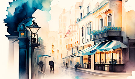 Digital watercolor painting of a street in Prague, Czech Republic.Generative AIの素材