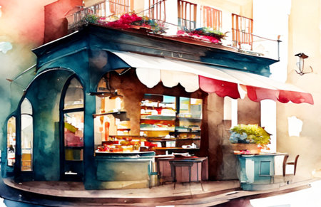 Street cafe in the old town. Watercolor painting on canvas.Generative AIの素材