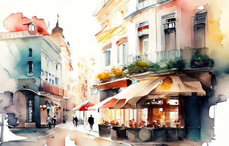 Watercolor painting of a street in the old town of Prague, Czech Republic. Generative AIの素材