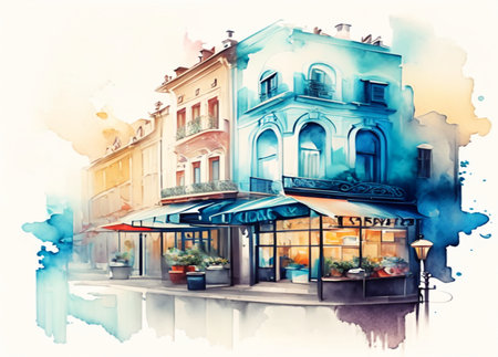 Watercolor sketch of a cafe in the center of Lviv, Ukraine. Generative AIの素材