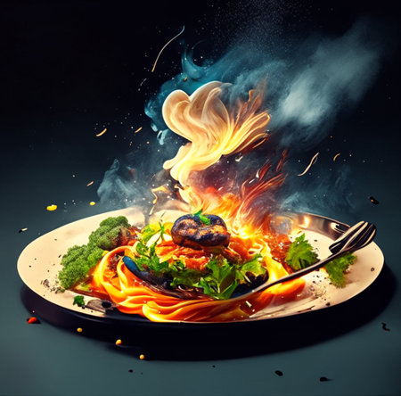 Flaming spaghetti with meatballs and vegetables on a black background.Generative AIの素材