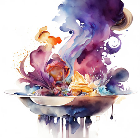 Watercolor painting of a bowl full of colorful paint splashes.Generative AIの素材