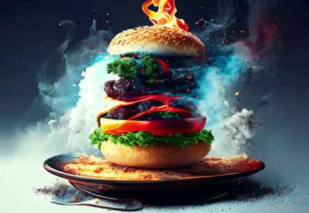 Big hamburger with smoke on dark background. 3d illustration.Generative AIの素材