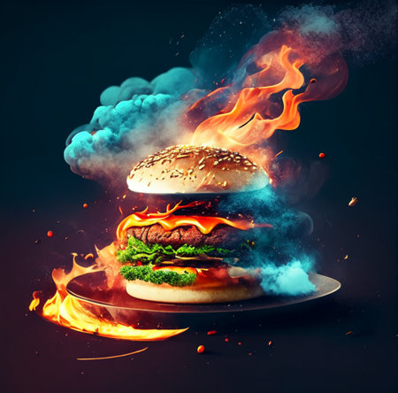 Hamburger with fire and smoke on dark background. 3d rendering.Generative AIの素材