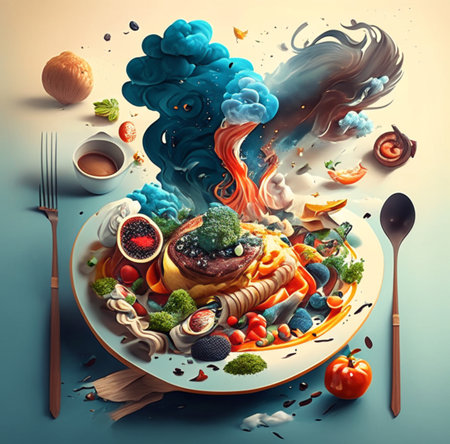 Healthy food with smoke and fire on blue background. 3d illustration.Generative AIの素材