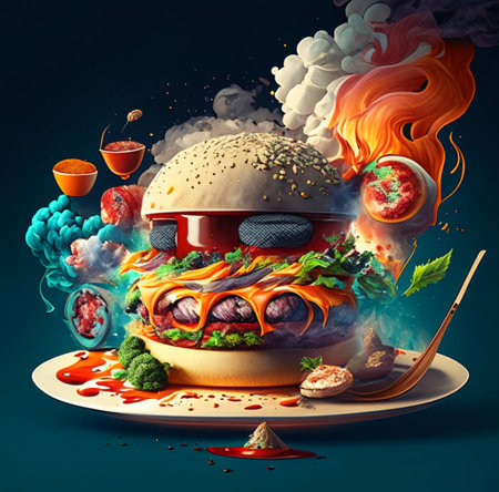 Hamburger with flying ingredients and smoke, 3d illustration.Generative AIの素材