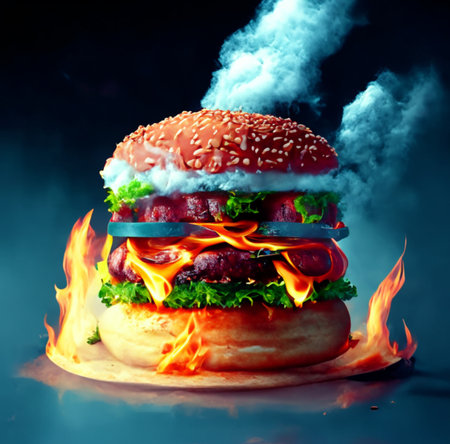Big hamburger with fire and smoke on dark background. Toned. Generative AIの素材