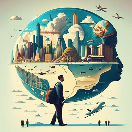 Businessman in the head of a man with a suitcase on the background of the planet Earth.Generative AIの素材