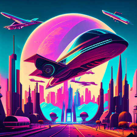 3d illustration of a futuristic city with a flying airplane and skyscrapers.Generative AIの素材