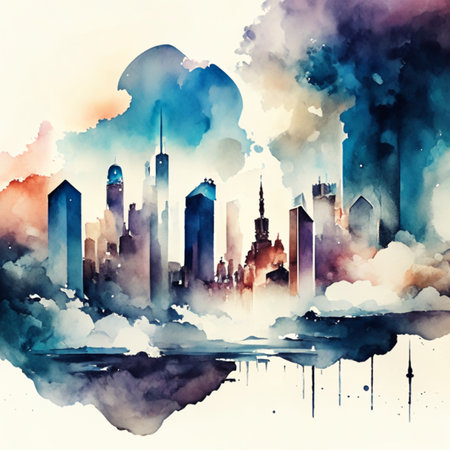 abstract watercolor painting of a modern city with skyscrapers.Generative AIの素材
