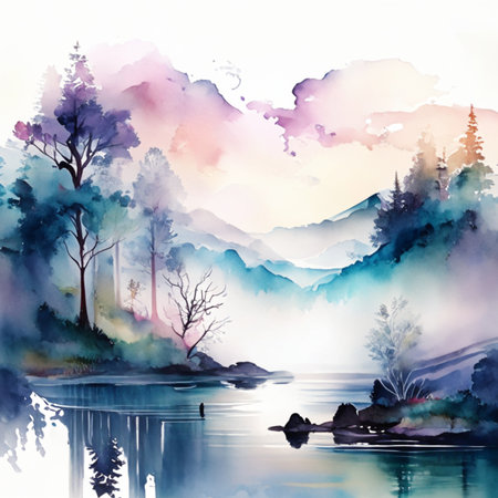 Watercolor landscape with lake, forest and mountains. Digital art painting.Generative AIの素材