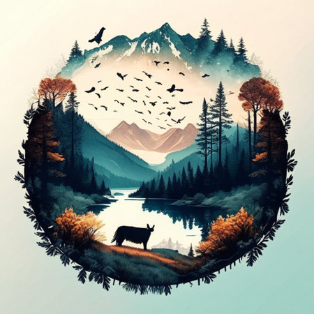 Mountain landscape with lake, forest and cow. Digital painting.Generative AIの素材
