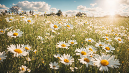 The landscape of the white daisies in the beautiful rice fields, with the sun shining in the grassland. Blurred grass creates a warm gold effect during the sunset and the sunrise.の素材