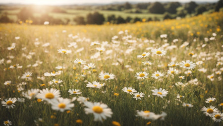 The landscape of the white daisies in the beautiful rice fields, with the sun shining in the grassland. Blurred grass creates a warm gold effect during the sunset and the sunrise.の素材