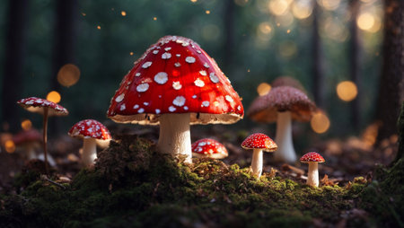 Red mushrooms in the forest with bokeh lights. 3D illustration of an abstract background with bokeh lights and mushrooms.の素材