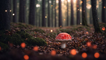 Red mushrooms in the forest with bokeh lights. 3D illustration of an abstract background with bokeh lights and mushrooms.の素材
